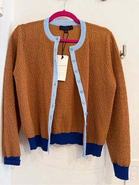 Zara Brown Cardigan with Light Blue Trim and Navy Hem